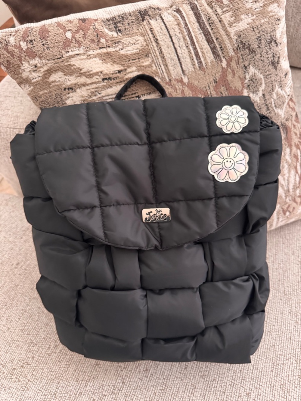 Justice Black Quilted Puffer Backpack with Flower Pin Accents